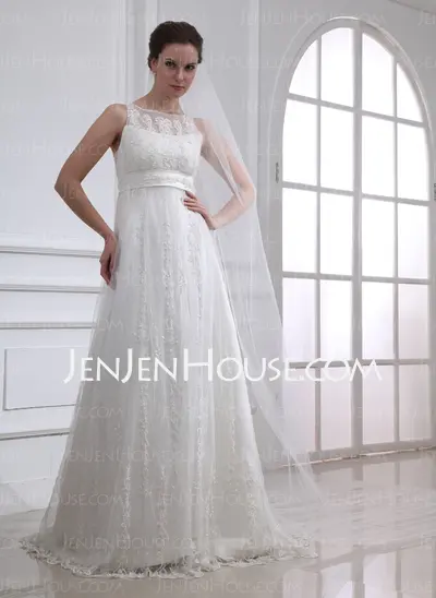 Vestidos princesa/ Formato A Decote redondo Cauda vassoura cetim Tule Vestido de noiva com Renda Bordado (002004543)