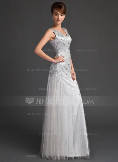 A-Line/Princess V-neck Floor-Length Tulle Charmeuse Mother of the Bride Dress With Lace Beading Sequins (008005647)