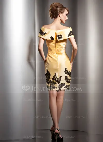 Sheath Off-the-Shoulder Knee-Length Taffeta Evening Dress With Lace (017005591)