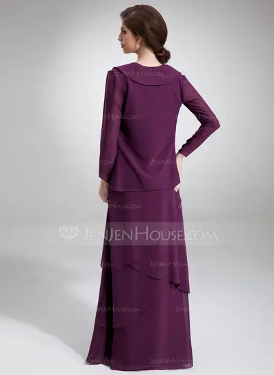 Sheath Scoop Neck Floor-Length Chiffon Mother of the Bride Dress With Beading (008006140)