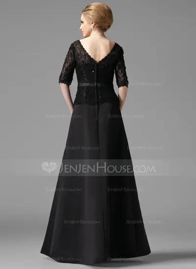 A-Line/Princess V-neck Floor-Length Satin Mother of the Bride Dress With Lace Beading (008002216)