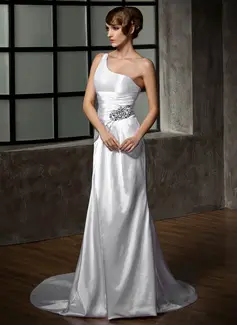 Sheath/Column One-Shoulder Court Train Charmeuse Wedding Dress With Ruffle Beadwork (002011919)