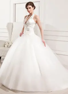 Ball-Gown Halter Sweep Train Satin Tulle Wedding Dress With Ruffle Lace Flower(s) (002012183)