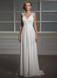Empire-Linie V-Ausschnitt Pinsel-Schleppe Chiffon Tüll Brautkleid mit Rüschen Spitze Perlen verziert (002006371)