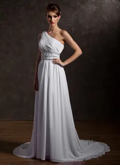 Corte A/Princesa Un sólo hombro Cola corte Gasa Vestido de novia con Volantes Bordado (002012661)