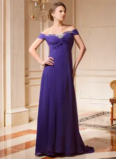 A-Lijn/Prinses Open-Schouder Lange Sleep Chiffon Moeder van de Bruid Jurk met Roes Beading (008024461)
