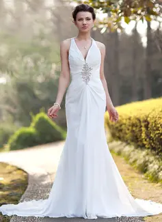 Sheath/Column V-neck Chapel Train Chiffon Wedding Dress With Ruffle Beadwork Sequins (002005012)