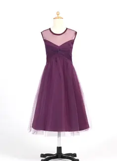 A-Line/Princess Scoop Neck Knee-Length Tulle Flower Girl Dress With Ruffle (010007655)