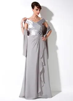 A-Line/Princess Off-the-Shoulder Floor-Length Chiffon Charmeuse Mother of the Bride Dress With Ruffle Lace Flower(s) (008006117)
