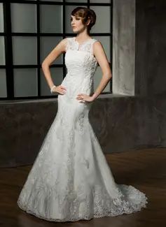 Mermaid V-neck Court Train Satin Tulle Wedding Dress With Lace Beadwork (002011589)