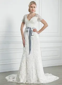 A-Line/Princess V-neck Court Train Satin Lace Wedding Dress With Sashes (002005247)