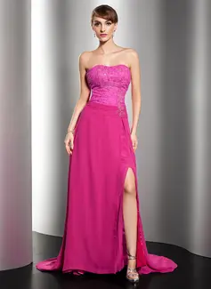 A-Line/Princess Sweetheart Sweep Train Chiffon Lace Evening Dress With Ruffle Beading (017014545)