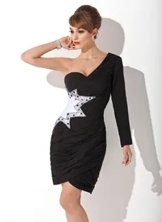 Sheath One-Shoulder Knee-Length Chiffon Charmeuse Cocktail Dress With Ruffle Beading (016008275)