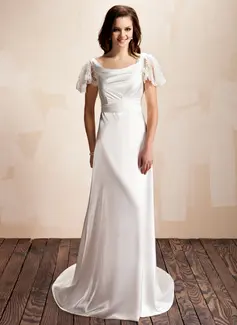 A-Line/Princess Cowl Neck Sweep Train Charmeuse Lace Wedding Dress With Ruffle (002012560)