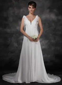 A-Line/Princess V-neck Cathedral Train Chiffon Wedding Dress With Ruffle Crystal Brooch (002011494)