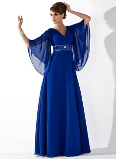 A-formet/Prinsesse V-hals Gulv lengde Chiffon Kjole til brudens mor med Frynse Beading Paljetter (008005706)