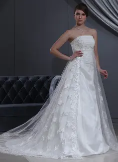 Empire-Linie Trägerlos Hof-Schleppe Tüll Charmeuse Brautkleid mit Spitze Perlen verziert (002000267)