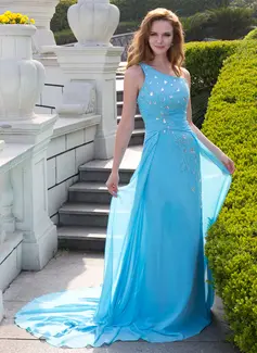Vestidos princesa/ Formato A Um ombro Cauda corte Chiffon Vestido de baile com Pregueado Beading (018024653)