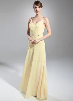A-Line/Princess V-neck Floor-Length Chiffon Evening Dress With Ruffle Beading (017014746)