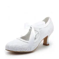 Satin Spool Heel Closed Toe Pumps Wedding Shoes With Ribbon Tie (047004932)