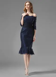 Nauwaansluitend Open-Schouder Kuitlang Chiffon Kant Moeder van de Bruid Jurk met Roes (008004176)