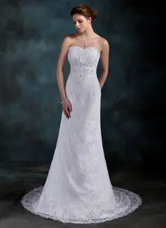 Sheath/Column Sweetheart Court Train Satin Lace Wedding Dress With Ruffle Beadwork Sequins (002000202)