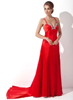 Sheath Sweetheart Watteau Train Charmeuse Prom Dress With Beading Appliques Sequins (018002512)