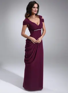 Sheath V-neck Floor-Length Chiffon Mother of the Bride Dress With Ruffle Beading (008021115)