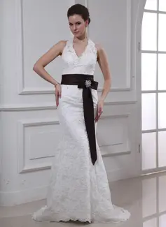Tubino Anello Coda a strascico corto raso pizzi Abito per matrimonio con Fusciacche Pin floreale in cristallo (002000430)