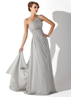 A-Line/Princess One-Shoulder Watteau Train Chiffon Evening Dress With Ruffle Beading (017002625)