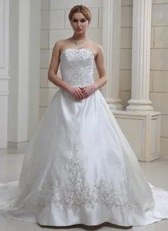 Ball-Gown Sweetheart Cathedral Train Satin Wedding Dress With Embroidery Ruffle Beadwork (002004481)