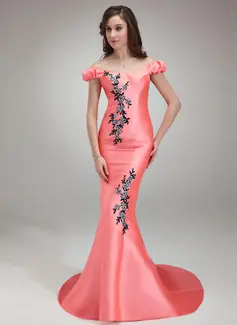 Meerjungfrau-Linie Schulterfrei Hof-Schleppe Satin Ballkleid mit Perlen verziert Applikation (018018817)