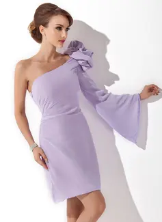 Sheath One-Shoulder Knee-Length Chiffon Cocktail Dress With Flower(s) (016008244)