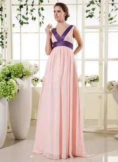 Empire V-neck Floor-Length Chiffon Maternity Bridesmaid Dresses With Sash (045022470)