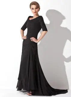 A-Line/Princess Off-the-Shoulder Sweep Train Chiffon Evening Dress With Ruffle (017020812)