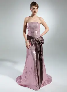 Sheath Strapless Sweep Train Taffeta Sequined Prom Dress With Sash (018022449)