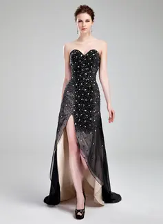 Vestidos princesa/ Formato A Coração Assimétrico Tecido de seda Charmeuse Vestido de baile com Bordado (018019167)