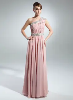 A-Line/Princess One-Shoulder Floor-Length Chiffon Holiday Dress With Ruffle Beading (020025844)