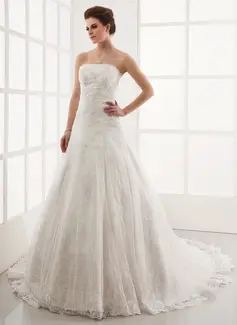 A-Line/Princess Strapless Cathedral Train Satin Lace Wedding Dress With Beadwork (002011586)