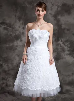 A-Line/Principessa Senza spalline Sotto il ginocchio Taffeta Tulle Abito per matrimonio con Pizzo Fiori (002024069)