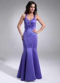 Sereia Decote V Vestidos longo cetim Vestido de madrinha com Pregueado Beading (007001883)