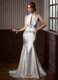 Mermaid High Neck Court Train Tulle Charmeuse Wedding Dress With Ruffle Beadwork (002012202)
