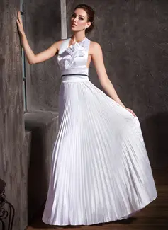 A-Line/Princess Halter Floor-Length Charmeuse Wedding Dress With Ruffle Sashes Beadwork (002001197)