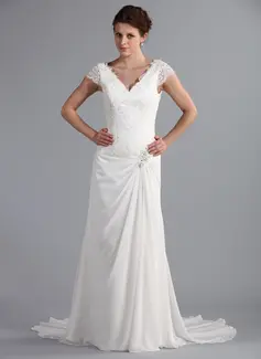 A-Line/Principessa Scollatura a V Coda a strascico corto Chiffon Abito per matrimonio con Increspature pizzi Perline (002025340)