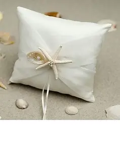 Beach Themed Starfish Design White Satin Ring Pillow(103018233)