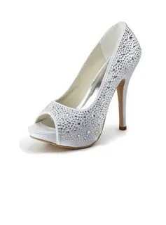 Satin Stiletto Heel Peep Toe Platform Pumps Wedding Shoes With Rhinestone (047011800)