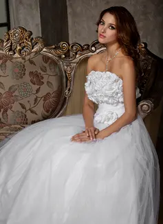 A-Line/Princess Strapless Floor-Length Satin Tulle Wedding Dress With Ruffle Flower(s) (002011448)