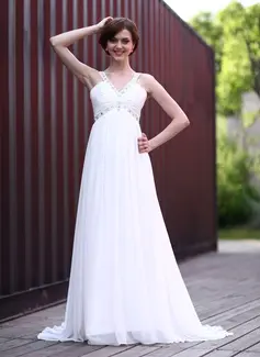 Impero Scollatura a V Sweep treno Chiffon Abito per matrimonio con Increspature Perline (002025636)