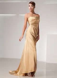 Sheath One-Shoulder Sweep Train Charmeuse Evening Dress With Ruffle (017014438)