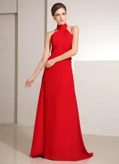 Sheath High Neck Sweep Train Chiffon Holiday Dress With Ruffle (020014242)
